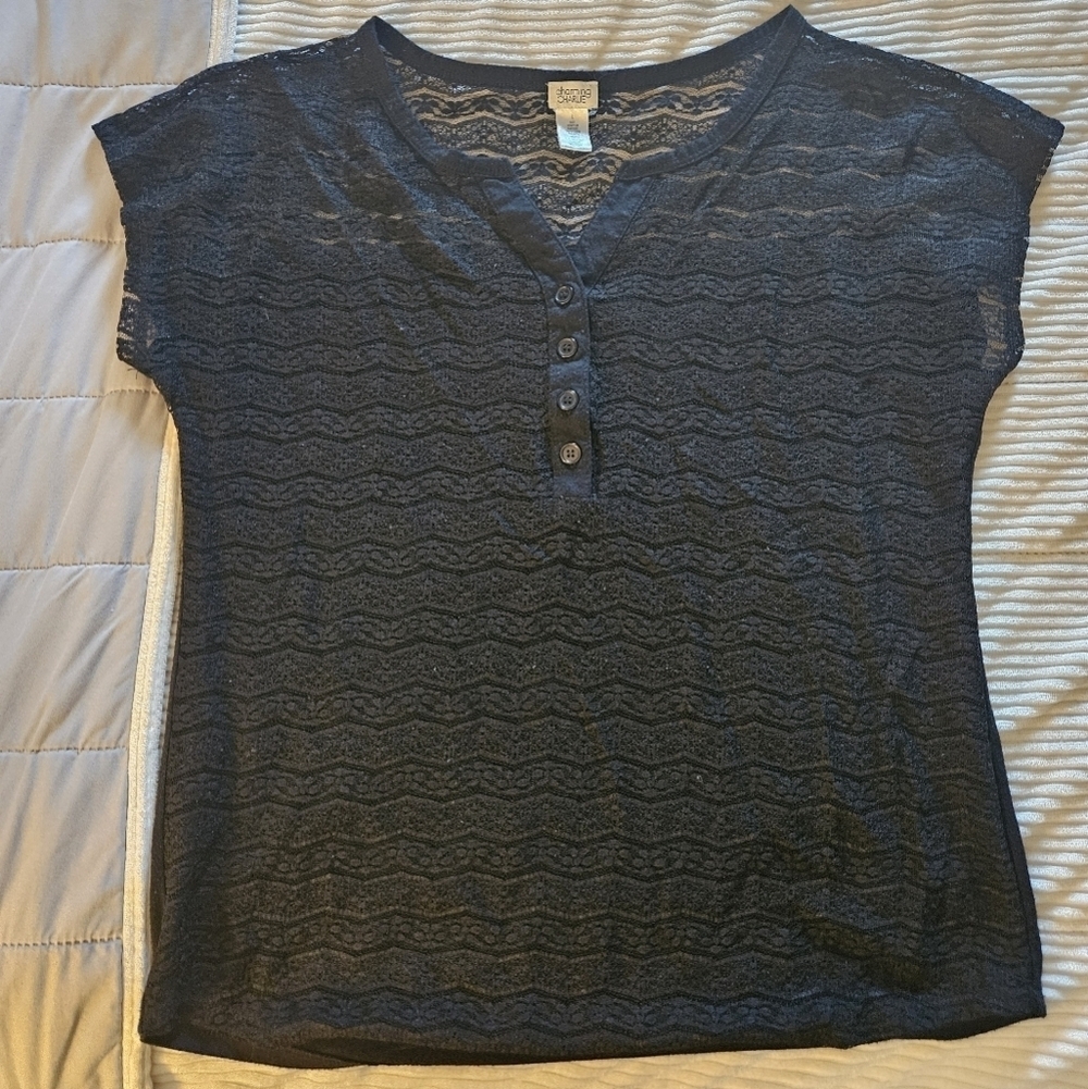 Charming Charlie Women's Black Lace Top With Button Accent Size L
